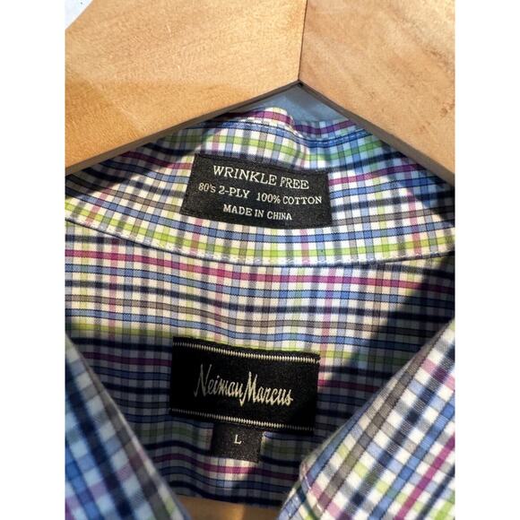 Neiman Marcus Mens Large Plaid Trim Fit Button Up Shirt Multicolor Plaid SS - Picture 3 of 10